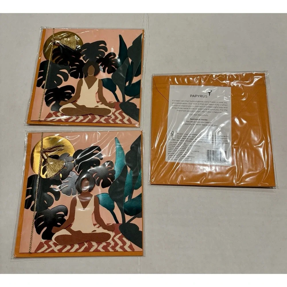 Papyrus Greeting Cards Set of 3 Meditation Woman Yoga Soul Healer 3D Embellished